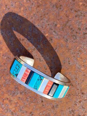 Vintage Navajo Southwestern Sterling Silver Inlay CUFF Bracelet Yazzie STAMPED